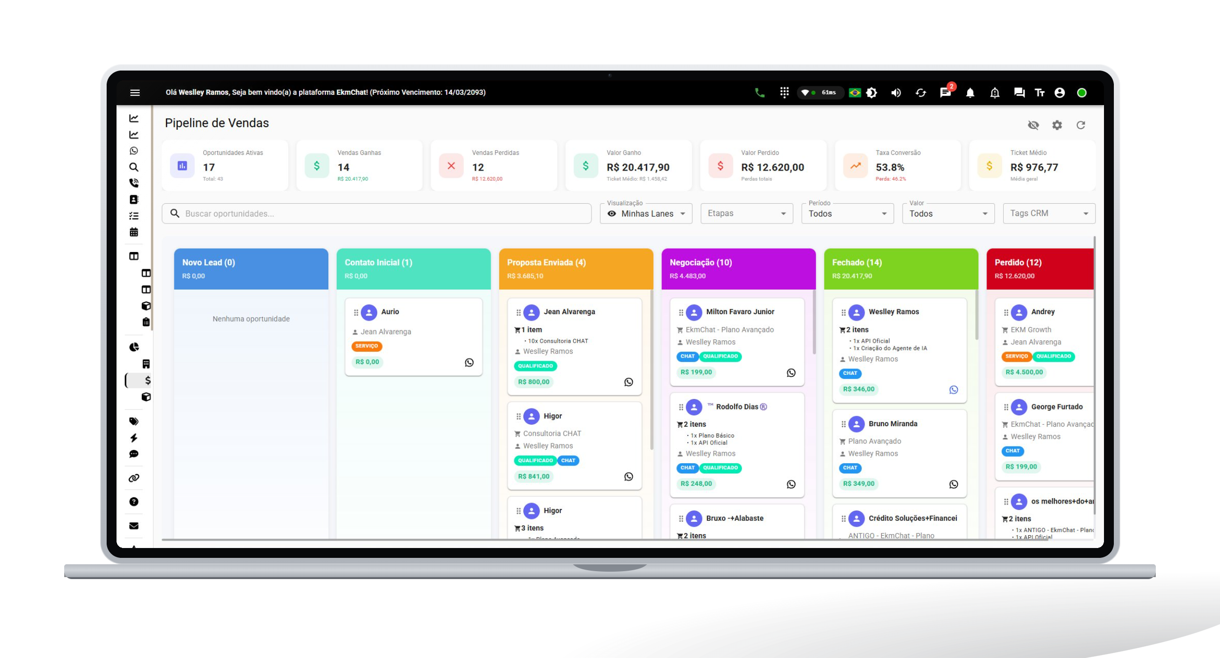 Pipeline CRM do EKM Chat